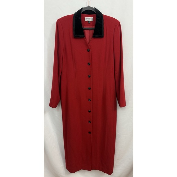 Kasper Dresses & Skirts - VTG Kasper Red Long Coat Dress Velvet Collar Lined Button Down Womens Size 12